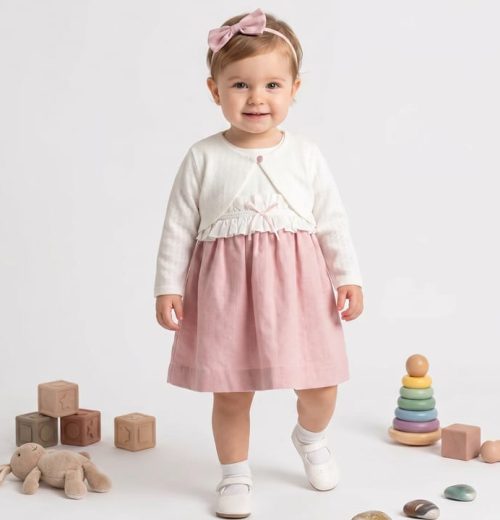 Baby Girls Cotton Dress with White Cardigan & Hairband (6-36M)