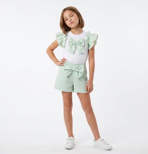 Girls Two Piece Ruffles & Bow Short Set (4-14Y)