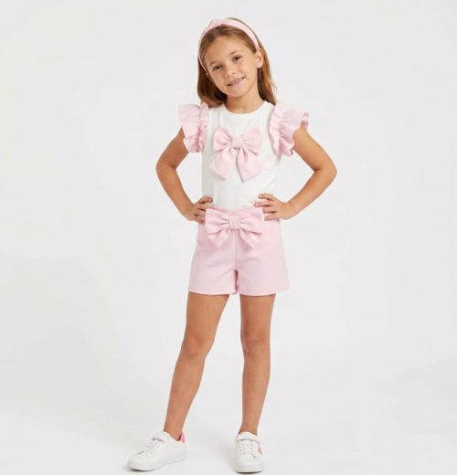 Girls Two Piece Ruffles & Bow Short Set (4-14Y)