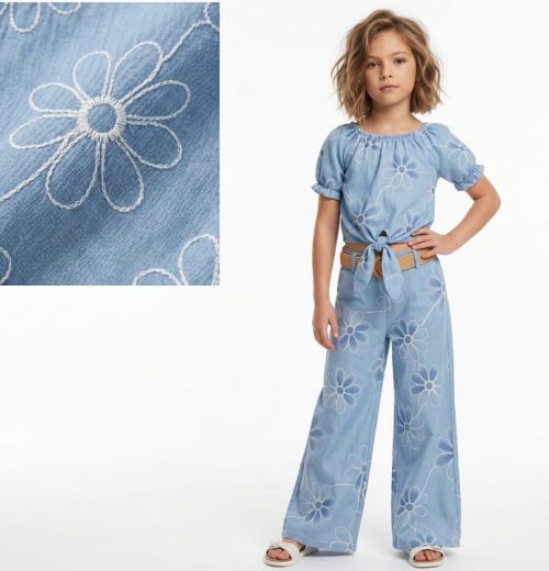 Girls Two Piece Floral Embroidery with Belt Set (4-14Y)