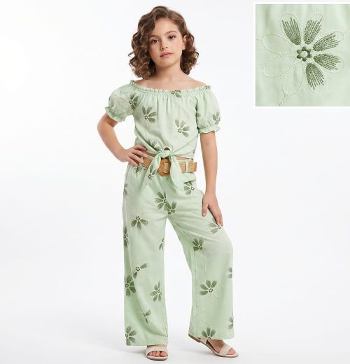 Girls Two Piece Floral Embroidery with Belt Set (4-14Y)