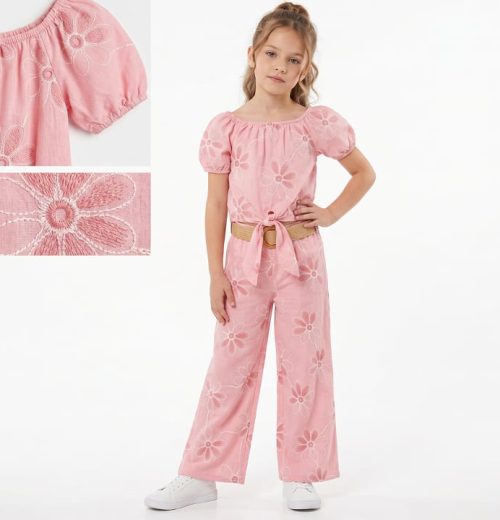 Girls Two Piece Floral Embroidery with Belt Set (4-14Y)