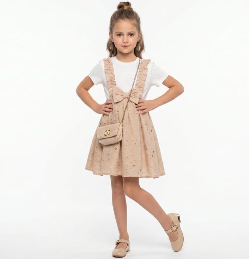 Girls Ruffled Straps & Bow Chikankari-Embroidered Cotton Dress with Purse (4-14Y)
