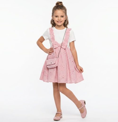 Girls Ruffled Straps & Bow Chikankari-Embroidered Cotton Dress with Purse (4-14Y)