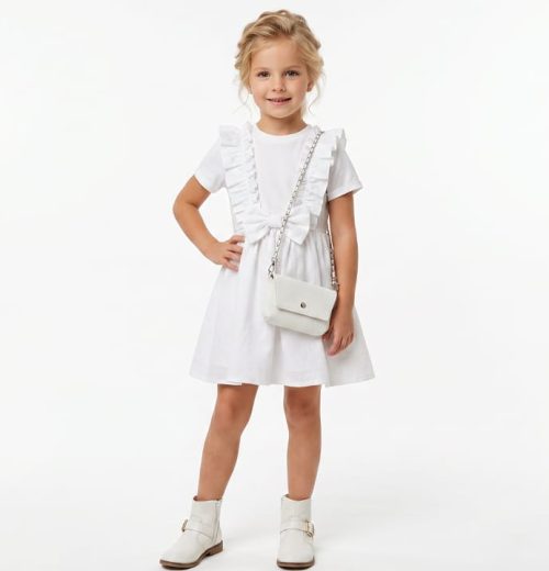 Girls Ruffled Straps & Bow Chikankari-Embroidered Cotton Dress with Purse (4-14Y)