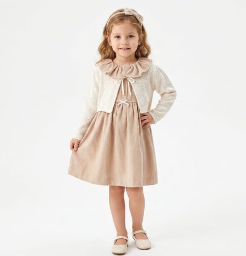 Girls Cotton Frilly Neck Collar Dress with Cardigan & Hair Band (2-5Y)