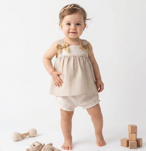Baby Girls Ruffle Details & Pastel Bows Cotton Dress Set (6-24M)