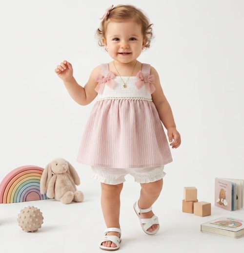 Baby Girls Ruffle Details & Pastel Bows Cotton Dress Set (6-24M)