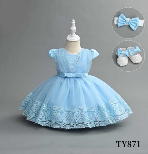 Baby Girls Three Piece Delicate Floral Lace & Soft Tulle Overlay Party Dress with Headband & Shoes (6-24M)