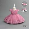 TY871 pink Baby Girls Three Piece Delicate Floral Lace & Soft Tulle Overlay Party Dress with Headband & Shoes (6-24M)