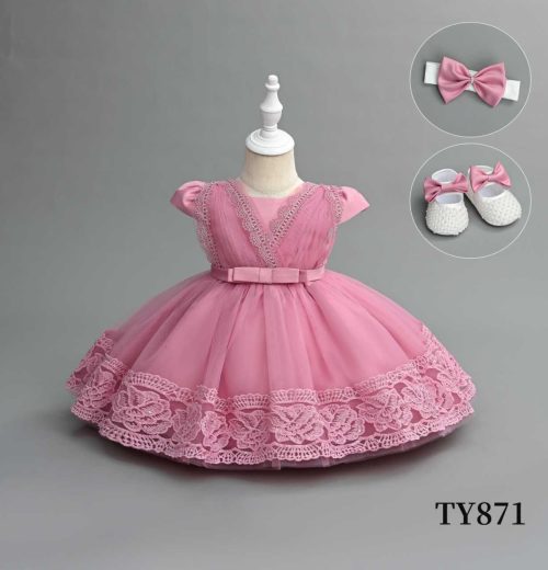 Baby Girls Three Piece Delicate Floral Lace & Soft Tulle Overlay Party Dress with Headband & Shoes (6-24M)