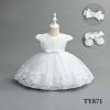 TY871 white Baby Girls Three Piece Delicate Floral Lace & Soft Tulle Overlay Party Dress with Headband & Shoes (6-24M)