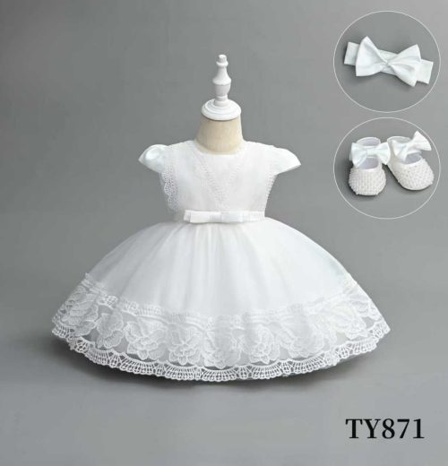 Baby Girls Three Piece Delicate Floral Lace & Soft Tulle Overlay Party Dress with Headband & Shoes (6-24M)