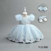 VA1480 blue Baby Girls Three Piece Floral Embroidered and Fluffy sleeves Party Dress with Headband & Shoes (6-24M)