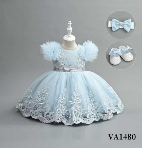 Baby Girls Three Piece Floral Embroidered and Fluffy sleeves Party Dress with Headband & Shoes (6-24M)