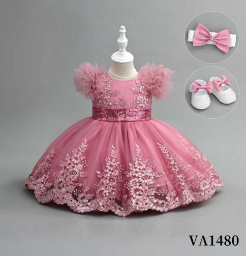 Baby Girls Three Piece Floral Embroidered and Fluffy sleeves Party Dress with Headband & Shoes (6-24M)