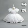 VA1480 white Baby Girls Three Piece Floral Embroidered and Fluffy sleeves Party Dress with Headband & Shoes (6-24M)