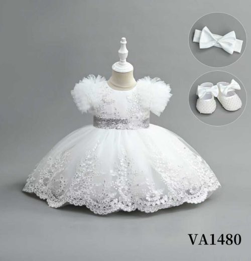 Baby Girls Three Piece Floral Embroidered and Fluffy sleeves Party Dress with Headband & Shoes (6-24M)