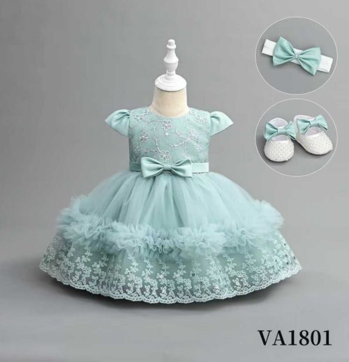 Baby Girls Three Piece Frilly & Embroidered Party Dress with Headband & Shoes (6-24M)