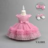 VA1801 pink Baby Girls Three Piece Frilly & Embroidered Party Dress with Headband & Shoes (6-24M)