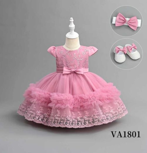 Baby Girls Three Piece Frilly & Embroidered Party Dress with Headband & Shoes (6-24M)