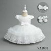 VA1801 white Baby Girls Three Piece Frilly & Embroidered Party Dress with Headband & Shoes (6-24M)
