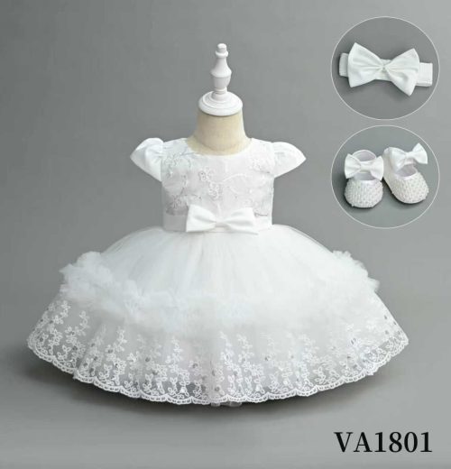 Baby Girls Three Piece Frilly & Embroidered Party Dress with Headband & Shoes (6-24M)