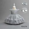 VD1270 dusty blue Baby Girls Three Piece Lace & Floral Embroidered Party Dress with Headband & Shoes (6-24M)