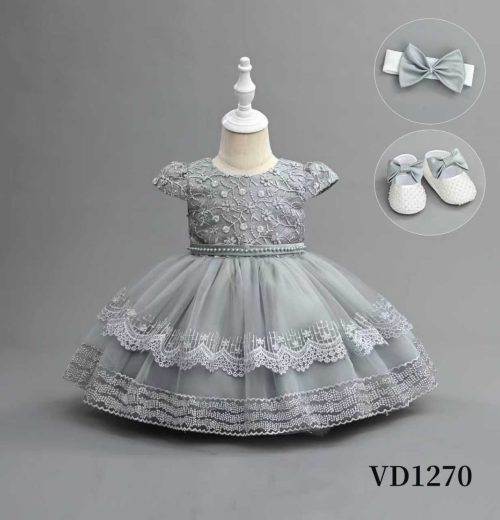 Baby Girls Three Piece Lace & Floral Embroidered Party Dress with Headband & Shoes (6-24M)