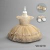 VD1270 gold Baby Girls Three Piece Lace & Floral Embroidered Party Dress with Headband & Shoes (6-24M)