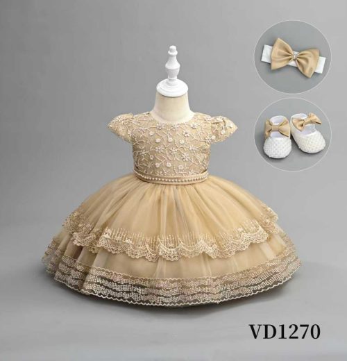 Baby Girls Three Piece Lace & Floral Embroidered Party Dress with Headband & Shoes (6-24M)
