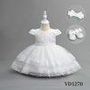 VD1270 white Baby Girls Three Piece Lace & Floral Embroidered Party Dress with Headband & Shoes (6-24M)