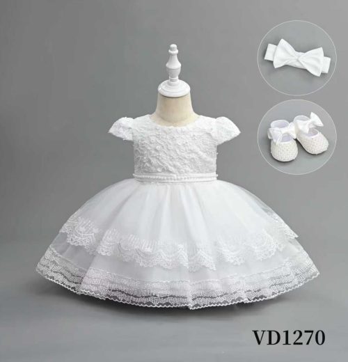 Baby Girls Three Piece Lace & Floral Embroidered Party Dress with Headband & Shoes (6-24M)