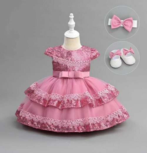 Baby Girls Three Piece Sequin Party Dress with Headband & Shoes (6-24M)