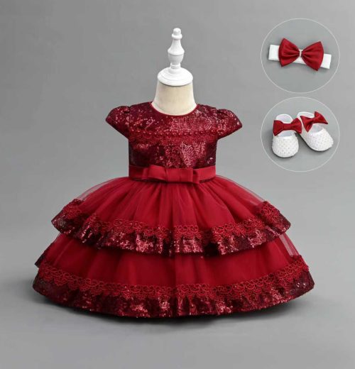 Baby Girls Three Piece Sequin Party Dress with Headband & Shoes (6-24M)