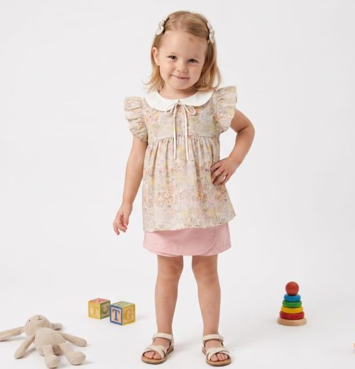 Girls Two Piece Cotton Floral Print Dress with Hair Clips Shorts Set (2-5Y)