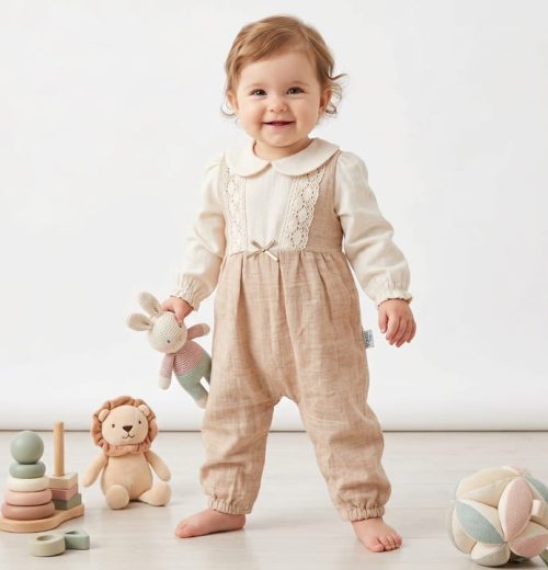 Baby Girls  Ruffled Sleeves with Peter Pan Collar Cotton Lace Romper (0-9M)