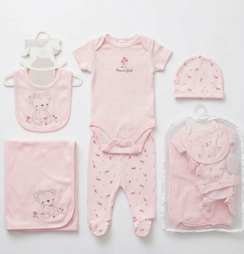 Baby Girls 5 Piece Teddy Gift Set with Hat, Bib & Blanket Bib (NB-6M)
