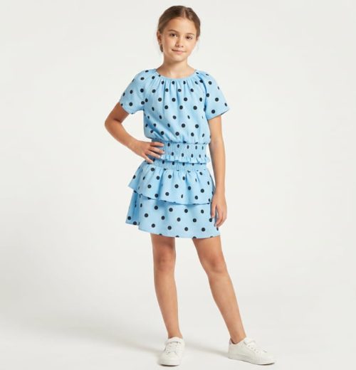 Girls Two Piece Polka Dot Top with Layered Skirt Set (4-14Y)