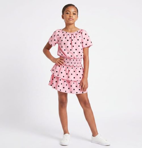 Girls Two Piece Polka Dot Top with Layered Skirt Set (4-14Y)