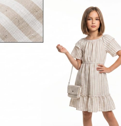 Girls White Stripes & Sparkling Embellishments Dress with Purse (4-14Y)