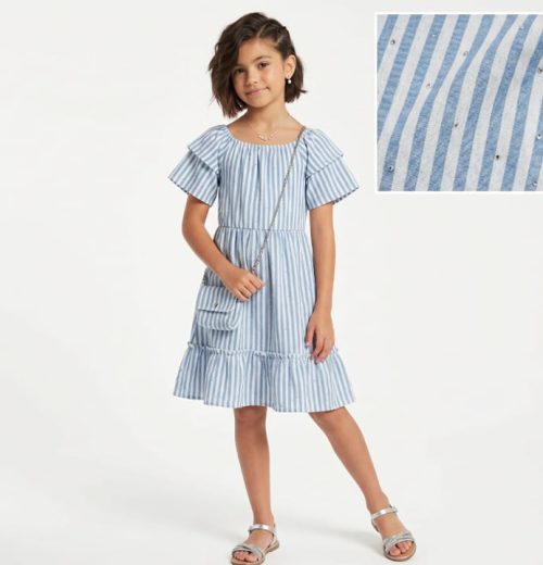 Girls White Stripes & Sparkling Embellishments Dress with Purse (4-14Y)