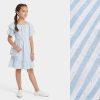 jk8 cotton stripes daimonties light blue Girls White Stripes & Sparkling Embellishments Cotton Dress with Purse (4-14Y)