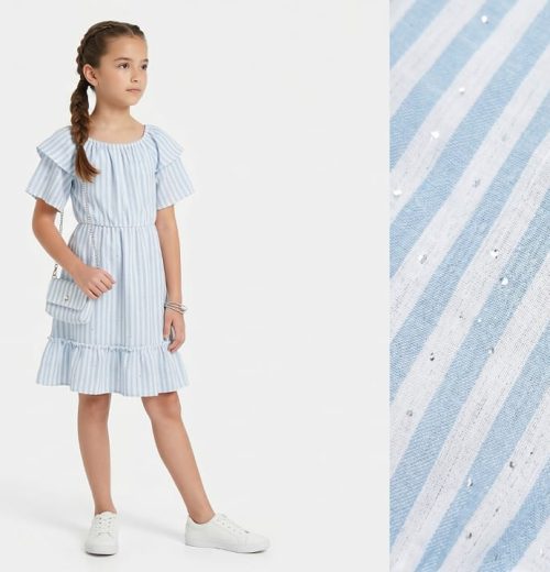 Girls White Stripes & Sparkling Embellishments Dress with Purse (4-14Y)