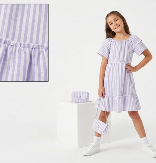 Girls White Stripes & Sparkling Embellishments Cotton Dress with Purse (4-14Y)