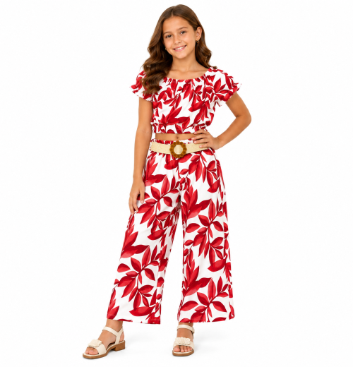 Girls 2pc Floral Top & Trousers Set with Belt (4-14Y)