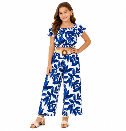 Girls 2pc Floral Top & Trousers Set with Belt (4-14Y)
