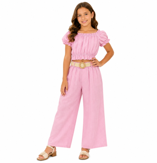 Girls 2pc Summer Top & Trousers Set with Belt (4-14Y)