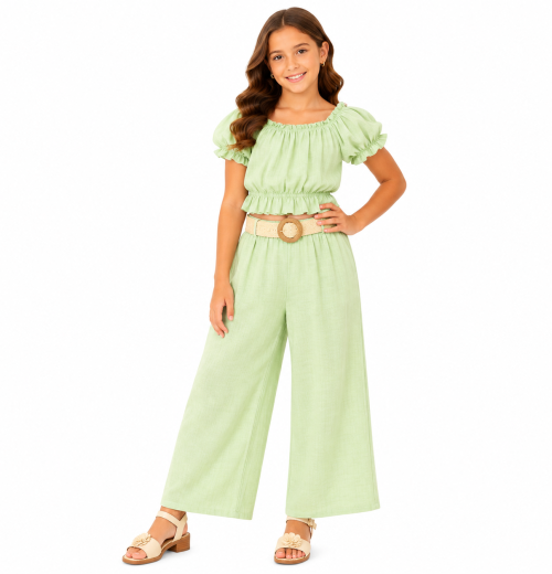 Girls 2pc Summer Top & Trousers Set with Belt (4-14Y)