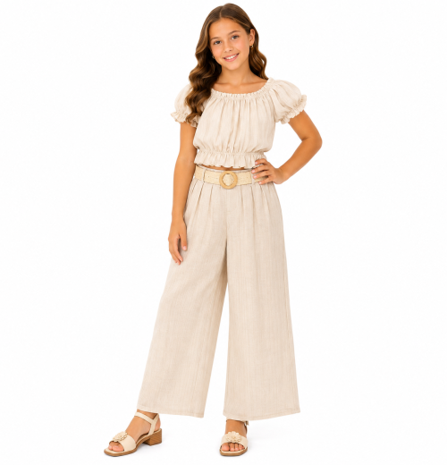 Girls 2pc Summer Top & Trousers Set with Belt (4-14Y)
